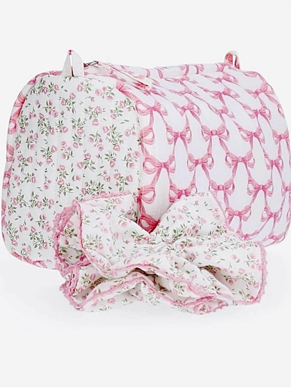 🆕-Quilted Pink Bow Coquette Makeup Case and Matching Hair Scrunchie. NWT